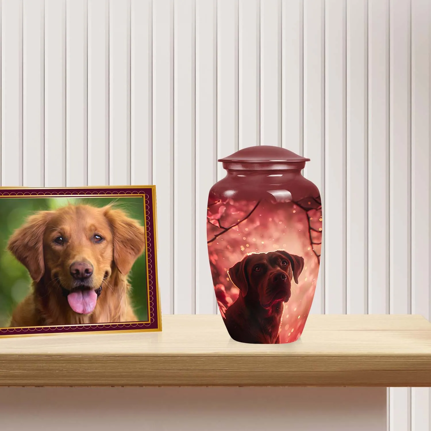 Dog in Glowing Red Blossoms Urn Memorial Urn for Ashes
