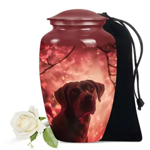 Dog in Glowing Red Blossoms Urn Memorial Urn for Ashes