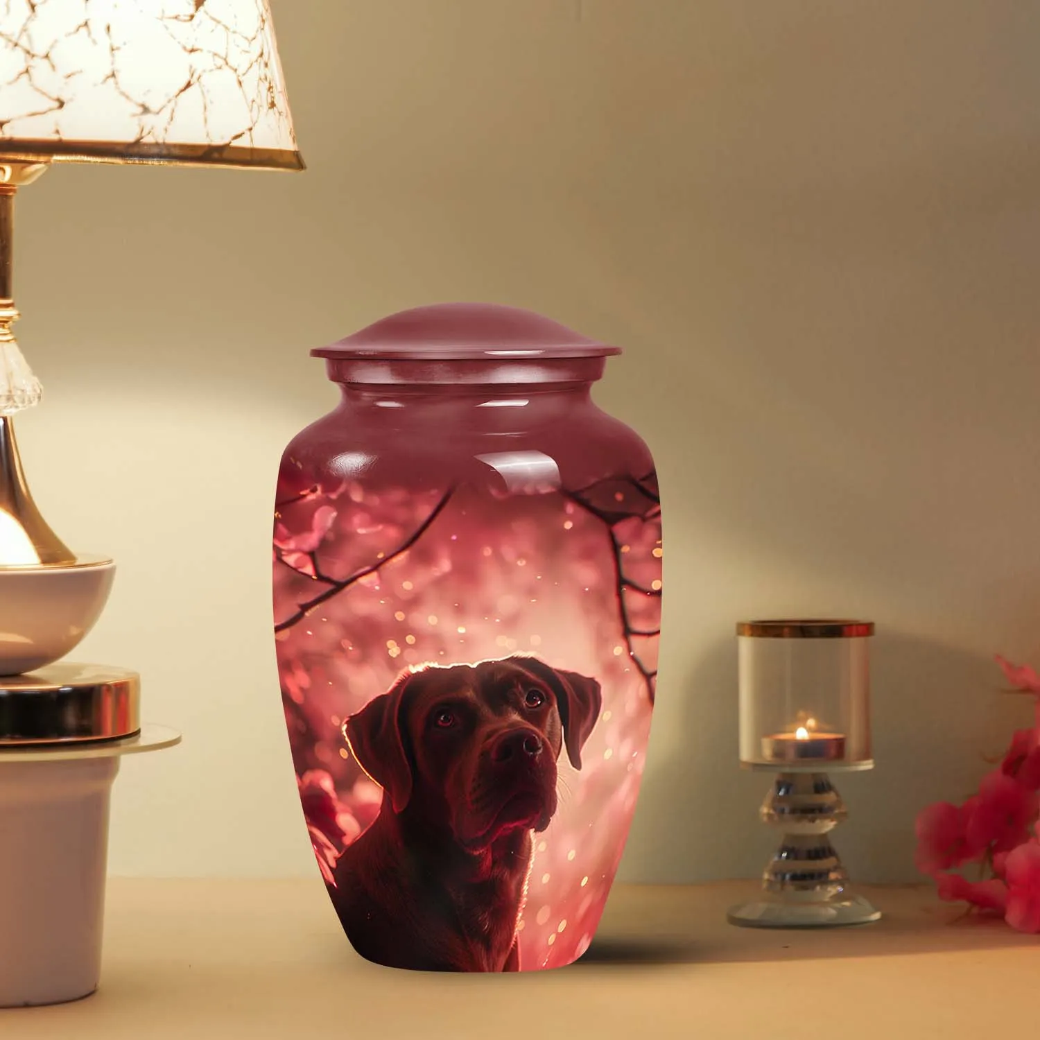 Dog in Glowing Red Blossoms Urn Memorial Urn for Ashes