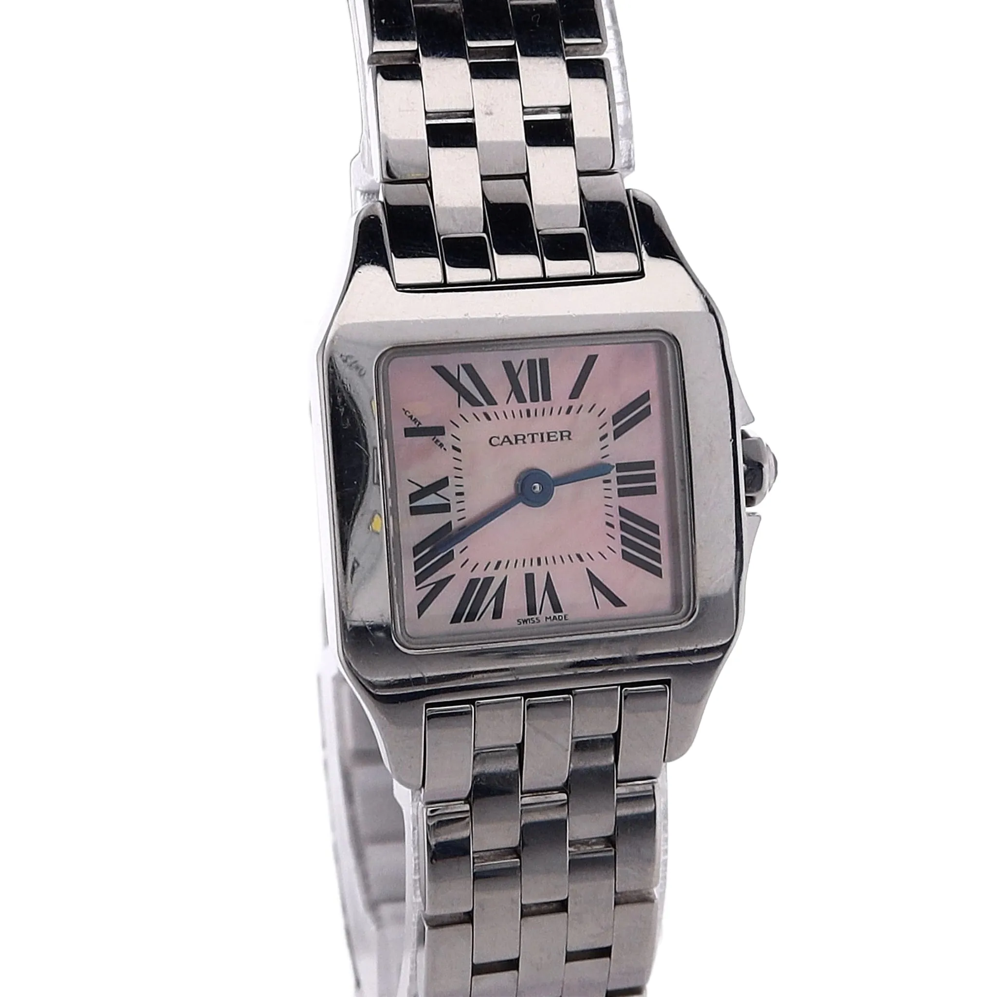 Estate Cartier Stainless Steel Ladies Santos Demoiselle Pink Mother Of Pearl Roman Dial 2698 W/Box