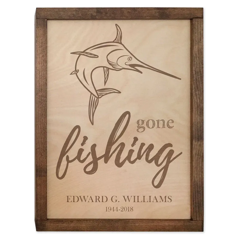 Gone Fishing Wall Mounted Wood Cremation Urn Plaque