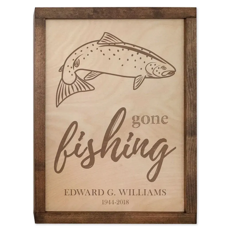 Gone Fishing Wall Mounted Wood Cremation Urn Plaque