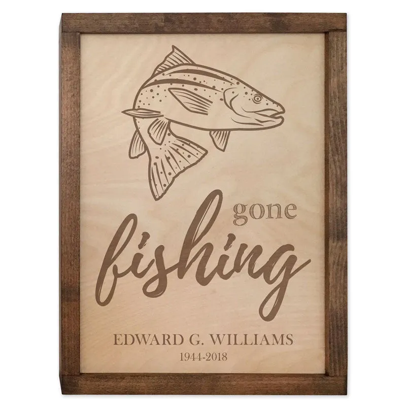 Gone Fishing Wall Mounted Wood Cremation Urn Plaque