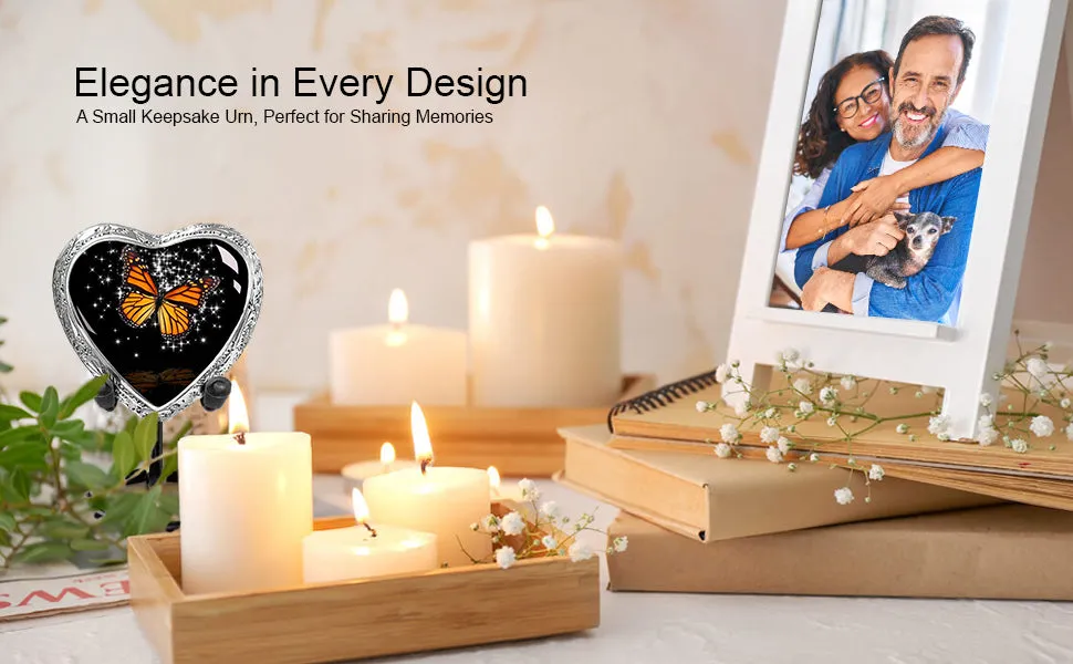 Heart Shaped Small Keepsake Cremation Urns for Human Ashes - Black Butterfly
