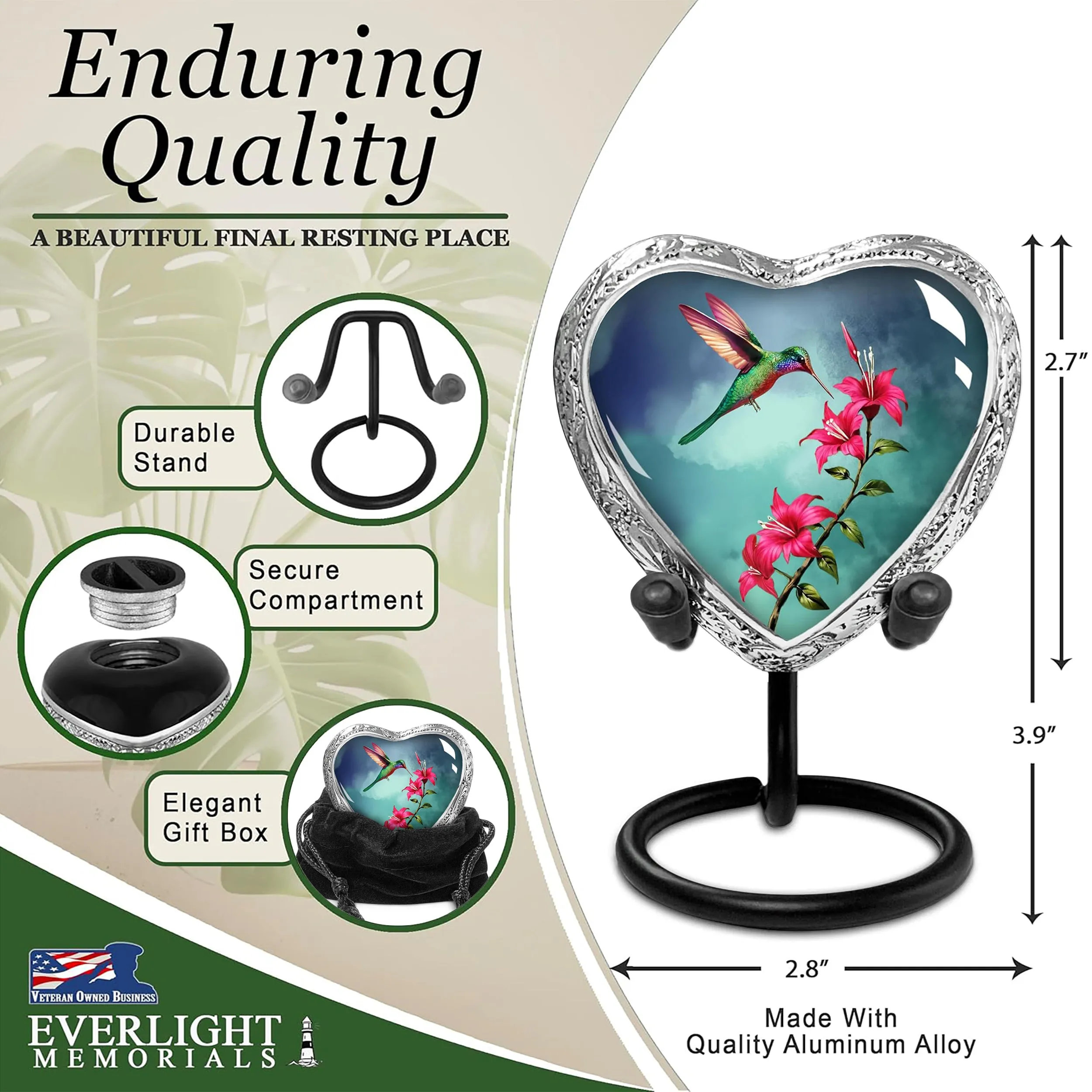 Heart Shaped Small Keepsake Cremation Urns for Human Ashes - Blue Hummingbird