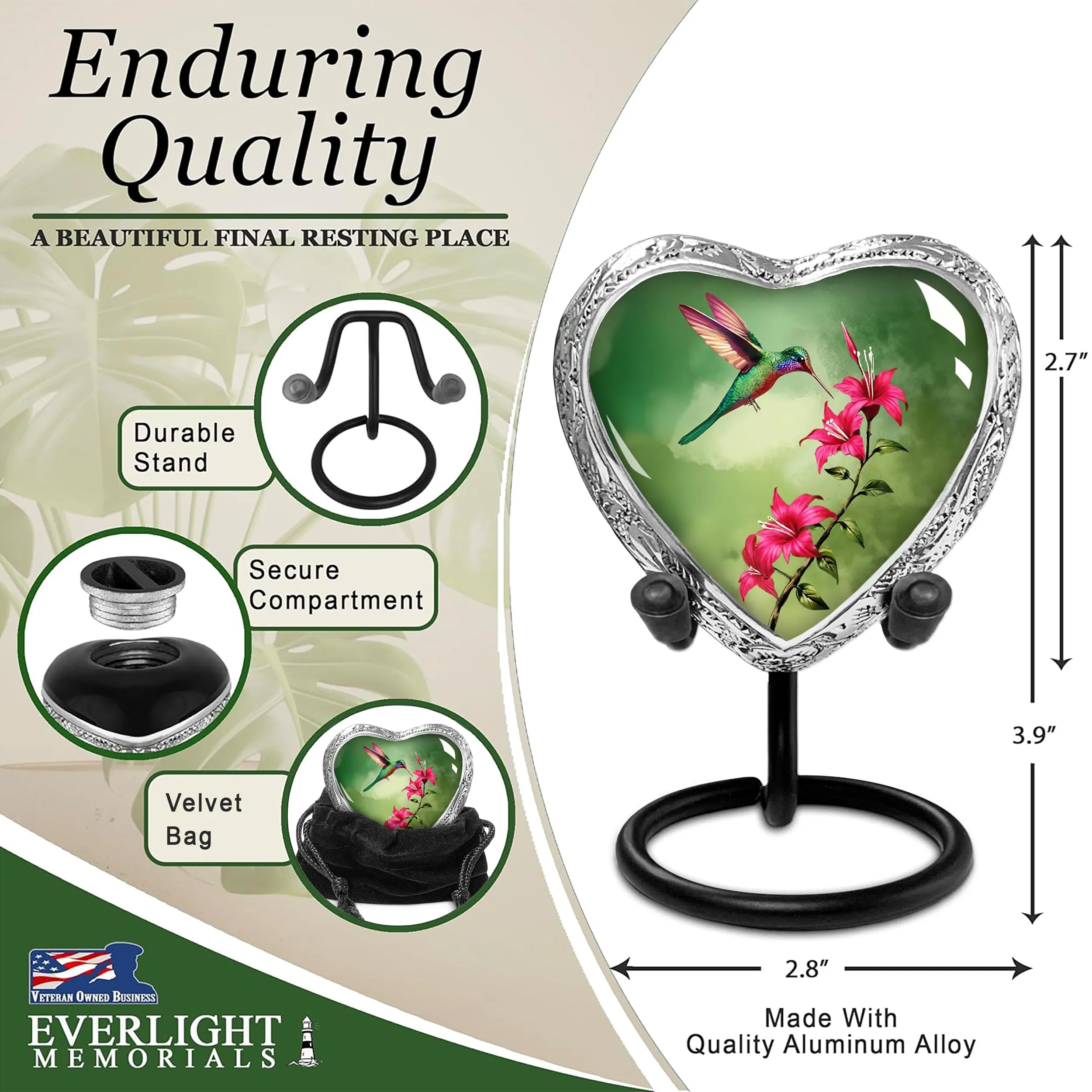 Heart Shaped Small Keepsake Cremation Urns for Human Ashes - Green Hummingbird