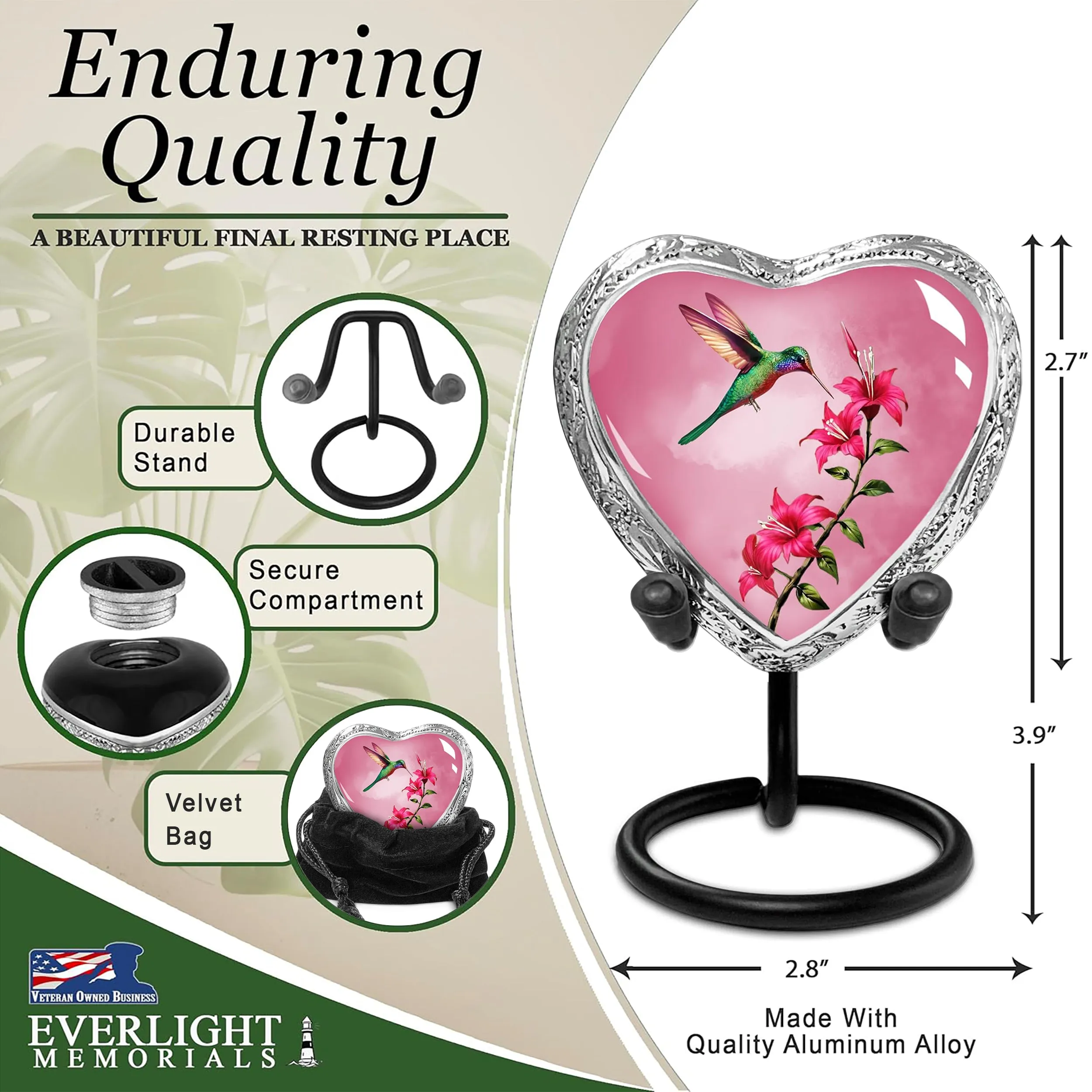 Heart Shaped Small Keepsake Cremation Urns for Human Ashes - Pink Hummingbird