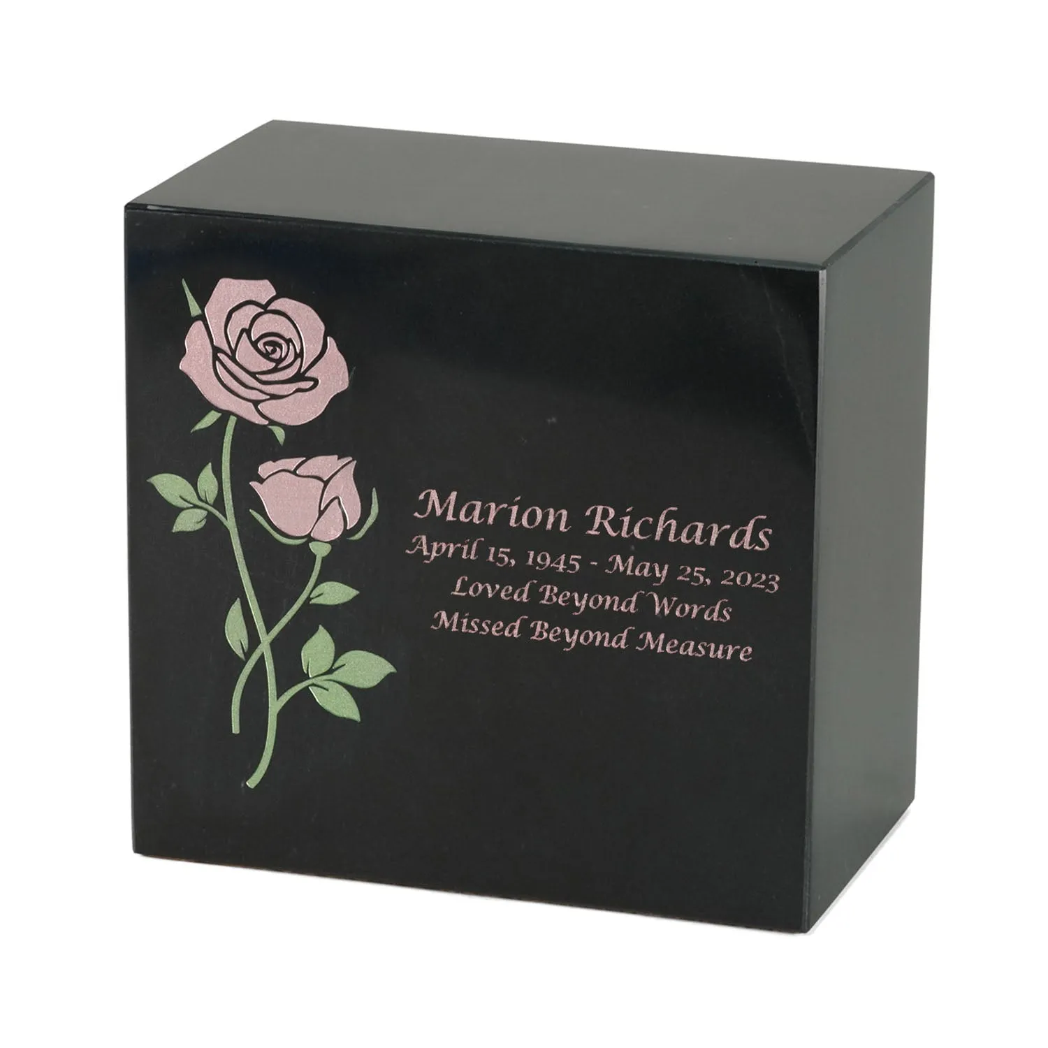 Keystone Black Marble Cremation Urn With Pink Roses