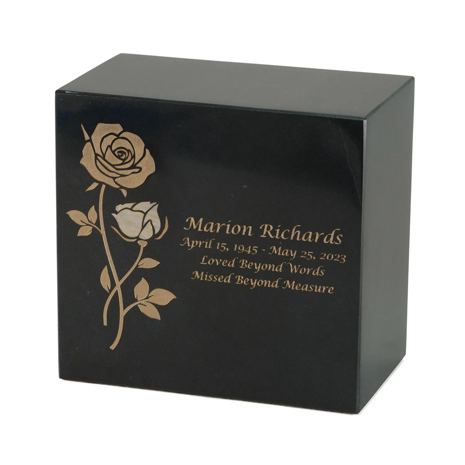 Keystone Black Marble Cremation Urn With Roses   Precious Pink Inlay