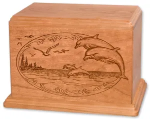 Laser Carved Wood Cremation Urn - Dolphin (Made in USA)