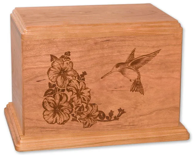 Laser Carved Wood Cremation Urn - Hummingbird (Made in USA)