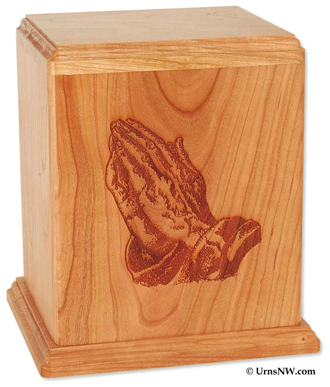 Laser Carved Wood Cremation Urn - Praying Hands (Made in USA)
