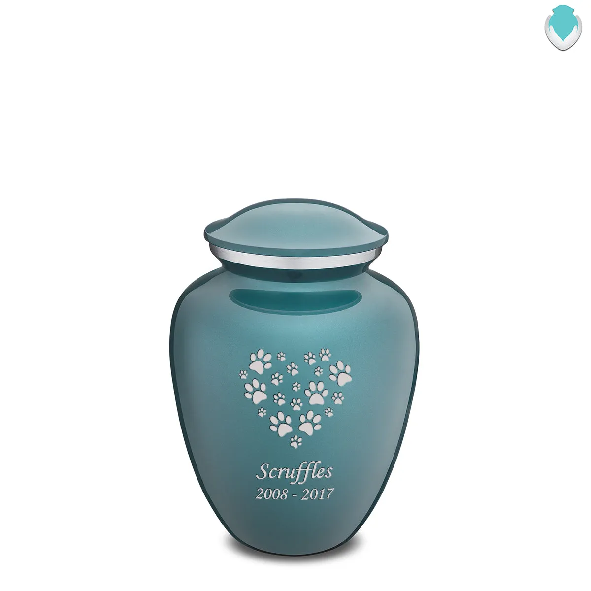 Medium Embrace Teal Heart Paws Pet Cremation Urn