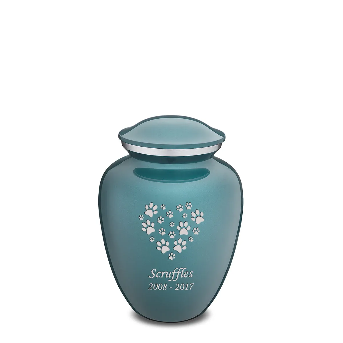 Medium Embrace Teal Heart Paws Pet Cremation Urn