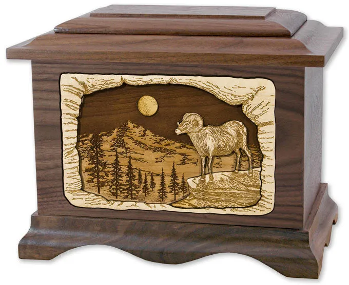 Mountain Ram Wood Cremation Urn with Inlay Art Scene