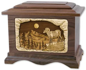Mountain Ram Wood Cremation Urn with Inlay Art Scene