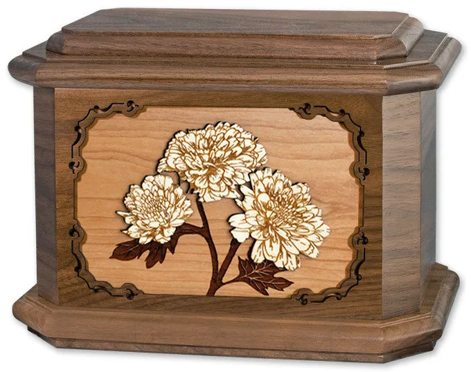 Mums Flower Cremation Urn with Wood Inlay Art