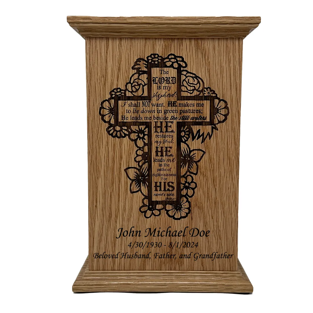 Psalm 23 Cross Urn in Oak