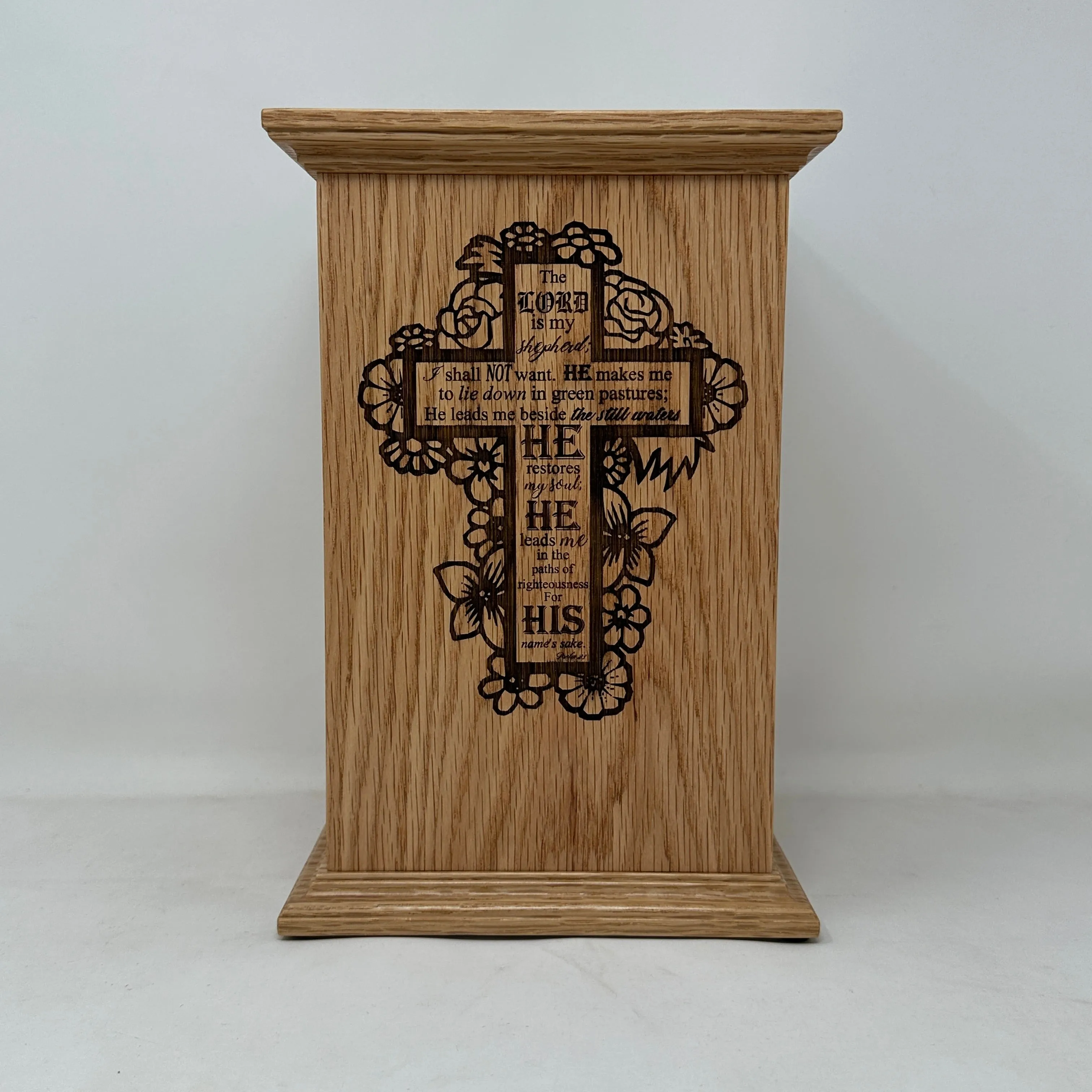 Psalm 23 Cross Urn in Oak