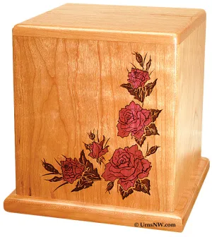 Red Roses Cherry Wood Urn