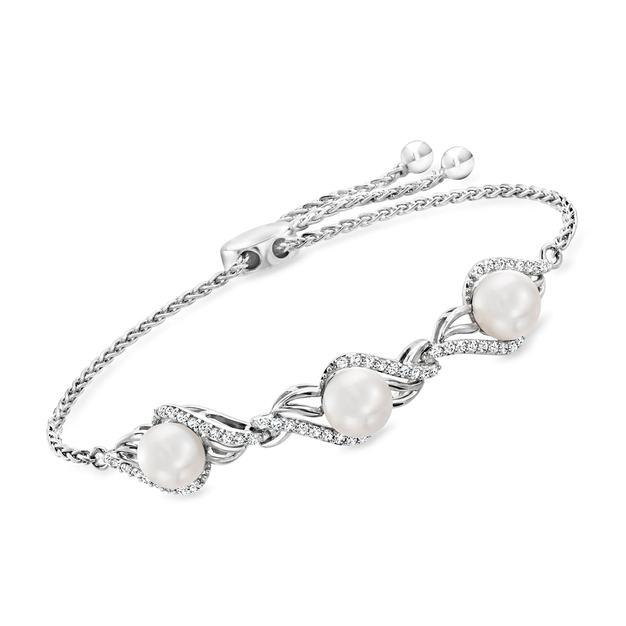 Ross-Simons 7-7.5mm Cultured Pearl and . White Topaz Bolo Bracelet in Sterling Silver