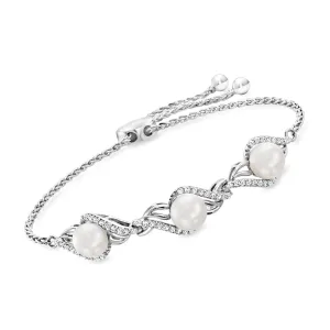 Ross-Simons 7-7.5mm Cultured Pearl and . White Topaz Bolo Bracelet in Sterling Silver