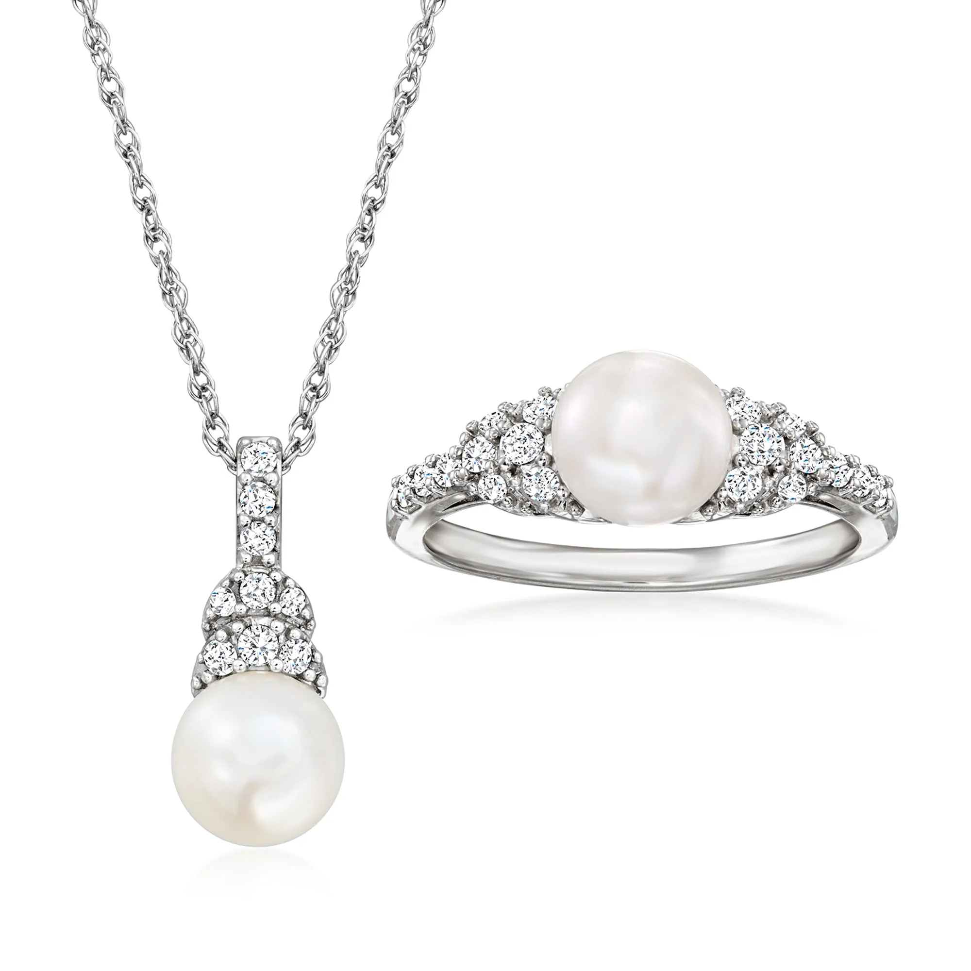 Ross-Simons 7-7.5mm Cultured Pearl and . White Topaz Jewelry Set: Pendant Necklace and Ring in Sterling Silver