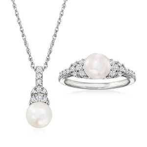 Ross-Simons 7-7.5mm Cultured Pearl and . White Topaz Jewelry Set: Pendant Necklace and Ring in Sterling Silver