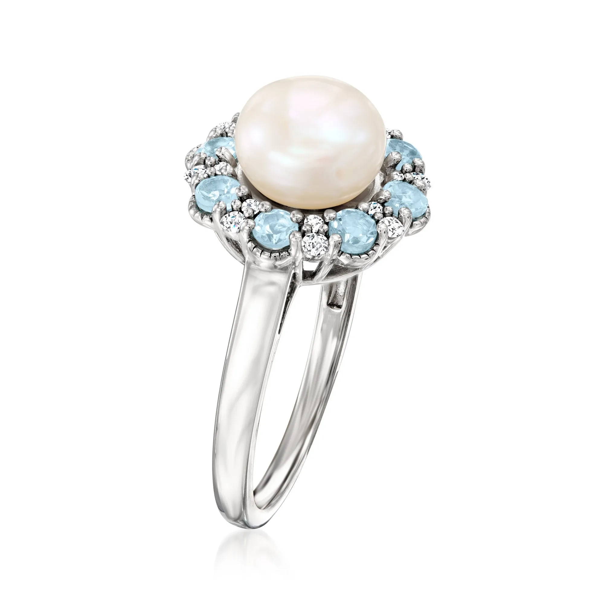 Ross-Simons 8-8.5mm Cultured Pearl Ring With . Sky Blue Topaz and . Diamonds in Sterling Silver