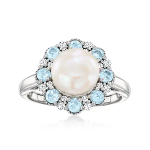 Ross-Simons 8-8.5mm Cultured Pearl Ring With . Sky Blue Topaz and . Diamonds in Sterling Silver