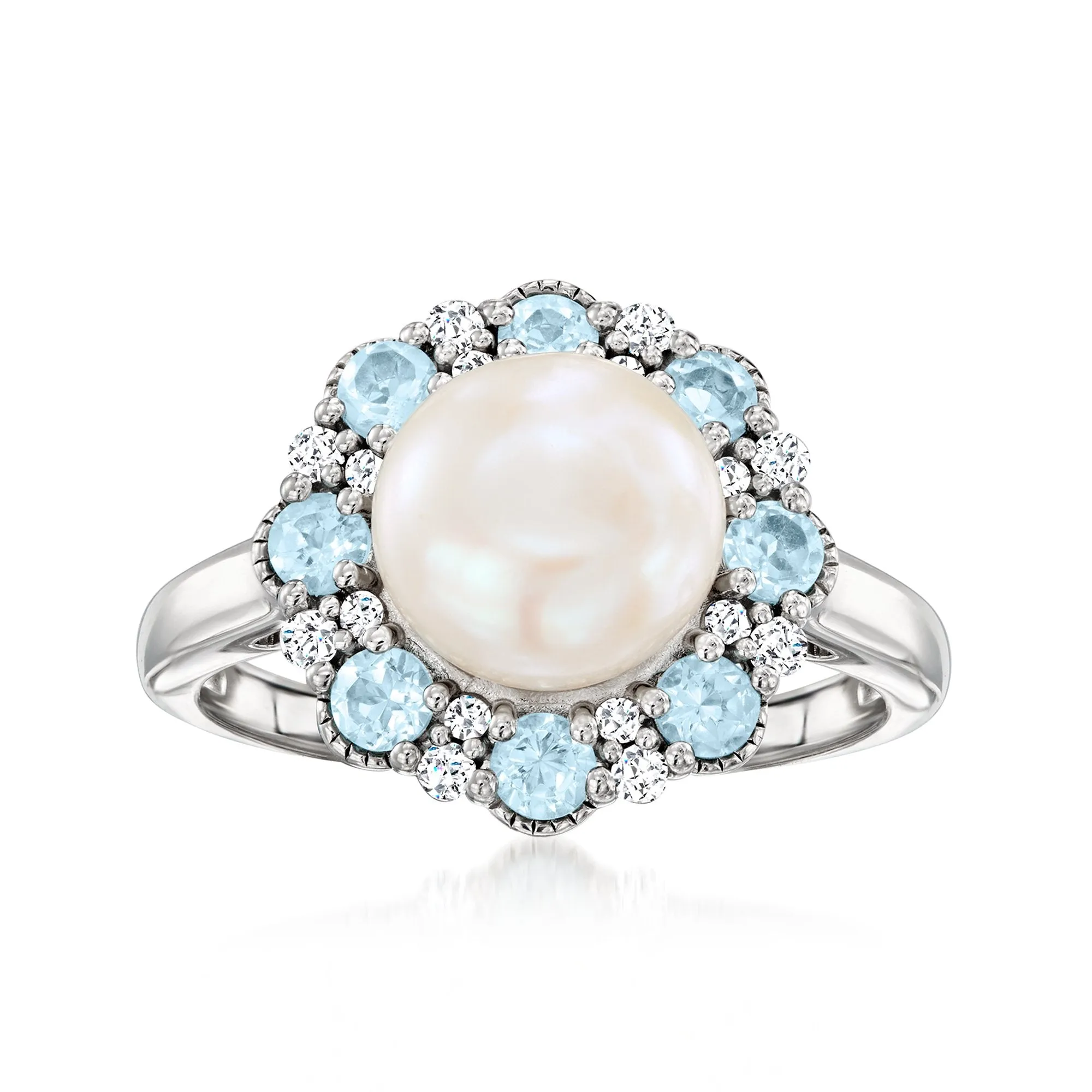 Ross-Simons 8-8.5mm Cultured Pearl Ring With . Sky Blue Topaz and . Diamonds in Sterling Silver