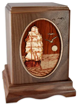 Sailing Ship Cremation Urn with Dimensional Art Inlay