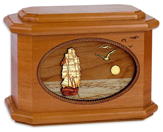 Sailing Ship Octagon Urn with 3D Inlay Wood Art
