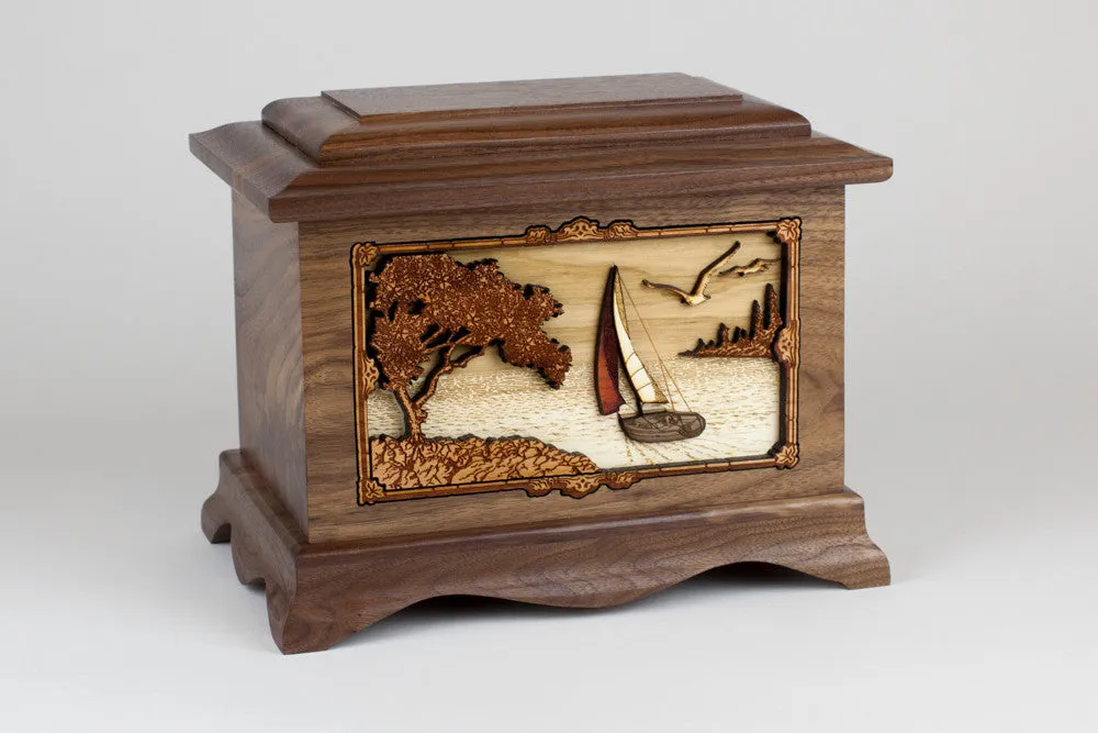 Soft Breezes Sailing Cremation Urn with Wood Inlay Art