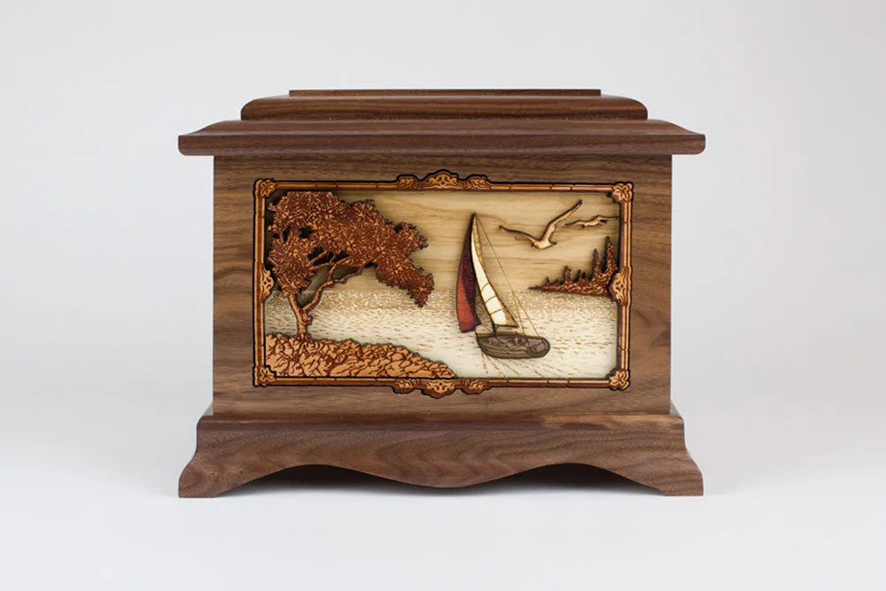 Soft Breezes Sailing Cremation Urn with Wood Inlay Art