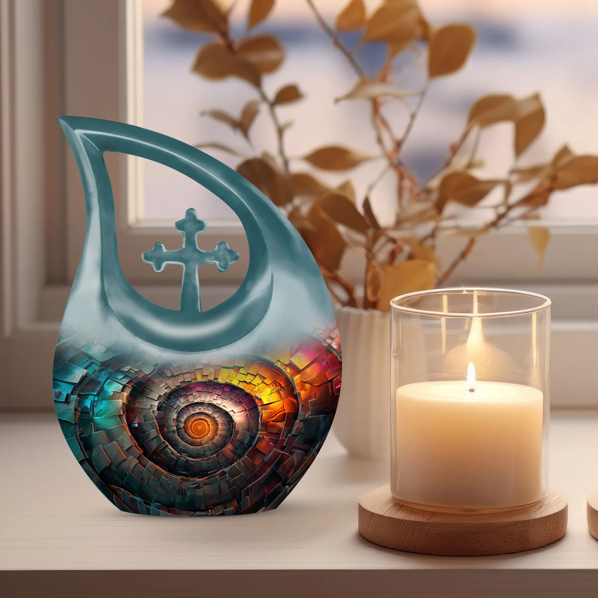 Spiral Urn : Double Memorial Urn with Cross Drop Design