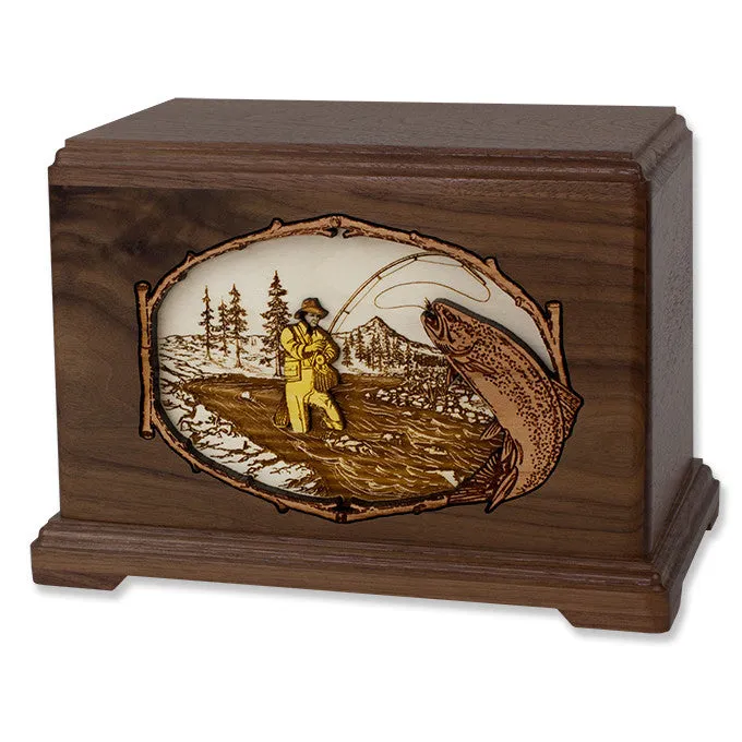 Stream Fishing Cremation Urn with Dimensional Wood Art