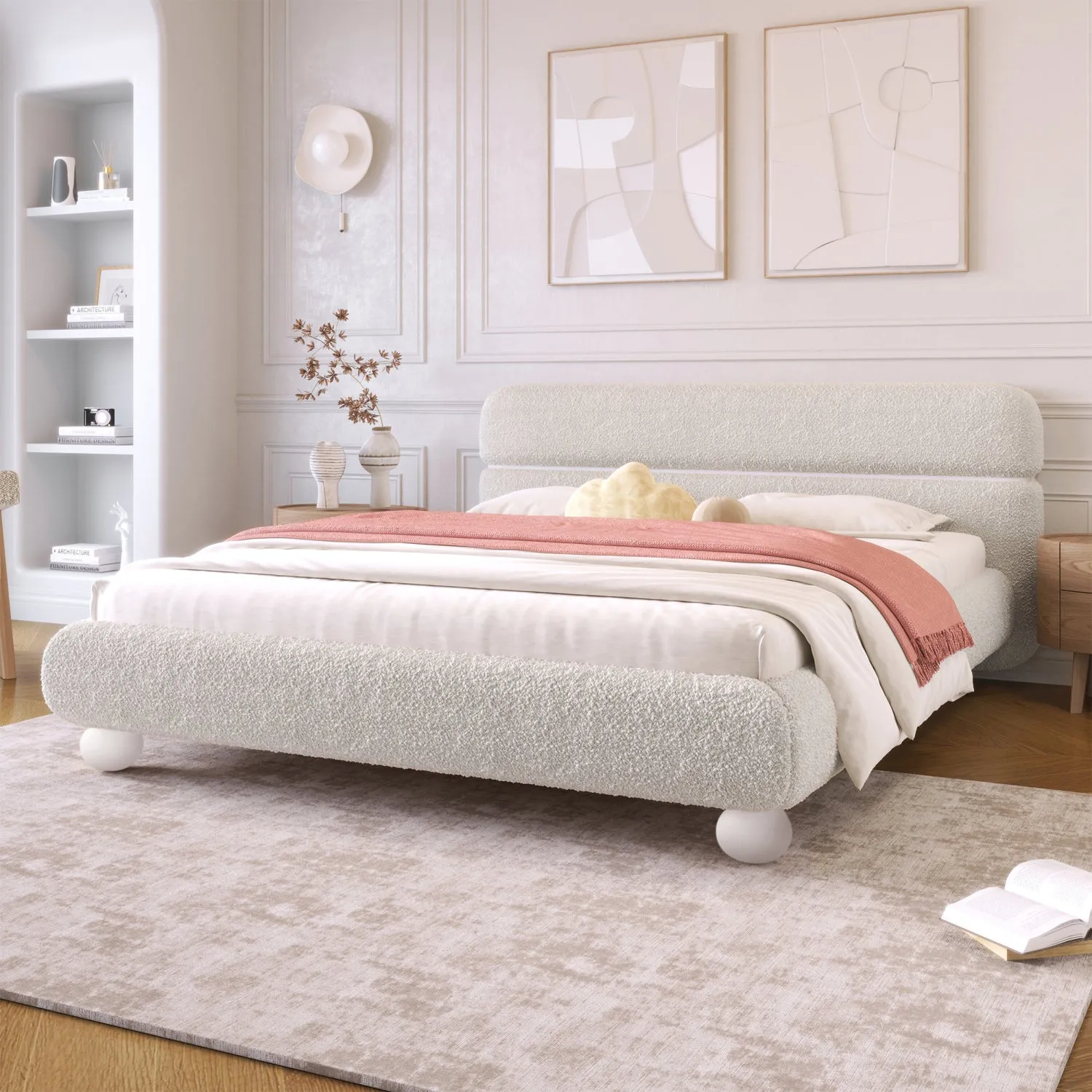 Streamdale Queen Bed: Teddy Boucle, Curved Design