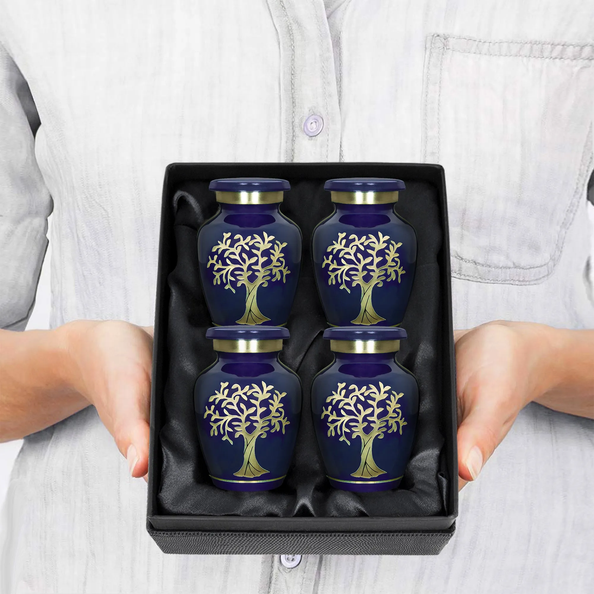 Tree of Life Blue Keepsake Urns for Human Ashes - Set of 4