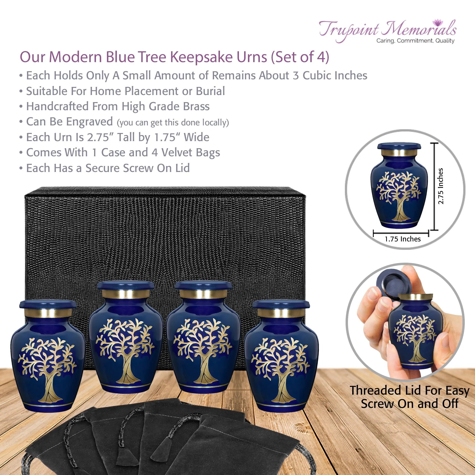 Tree of Life Blue Keepsake Urns for Human Ashes - Set of 4