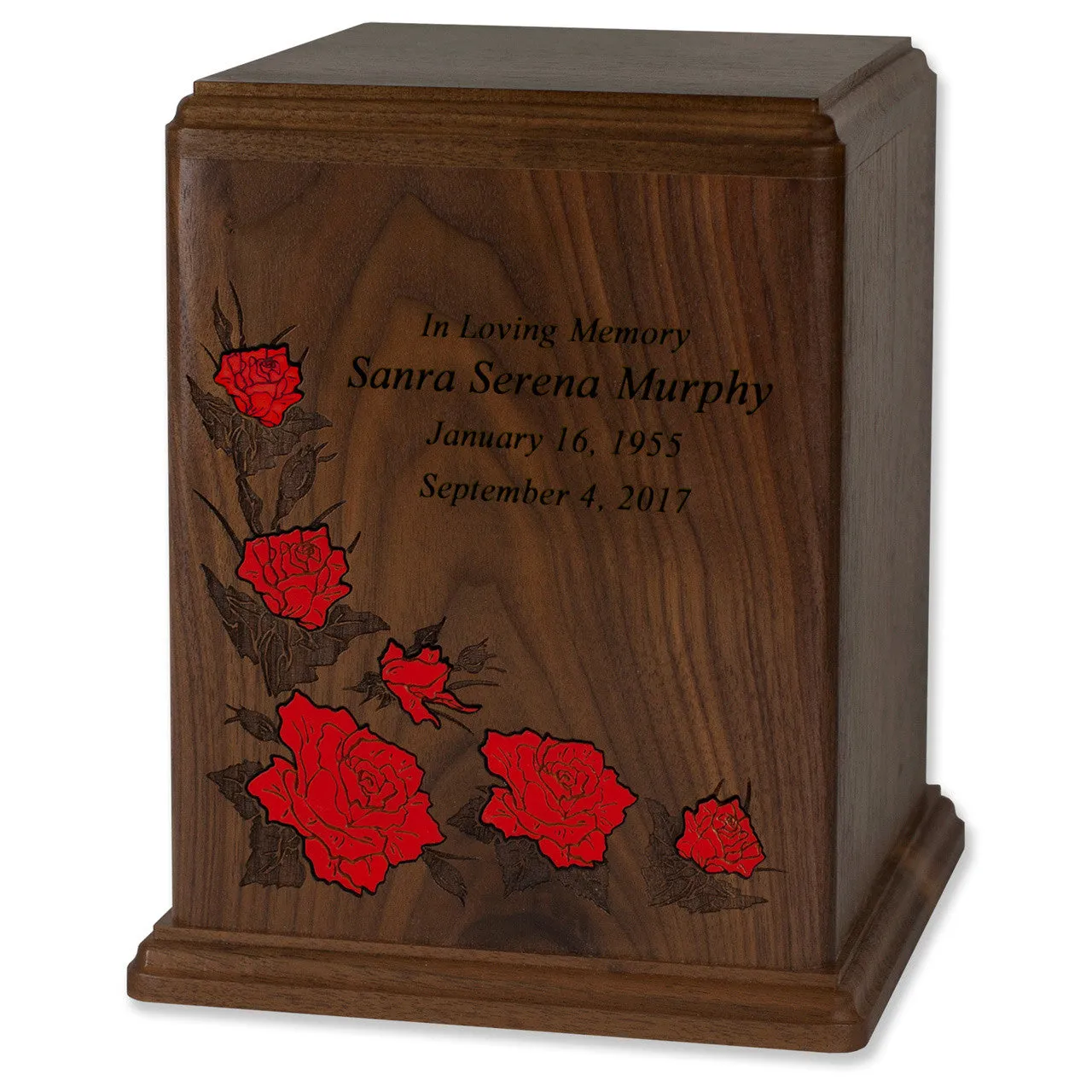 Walnut Wood Cremation Urn with Flower Inlay - Multiple Colors