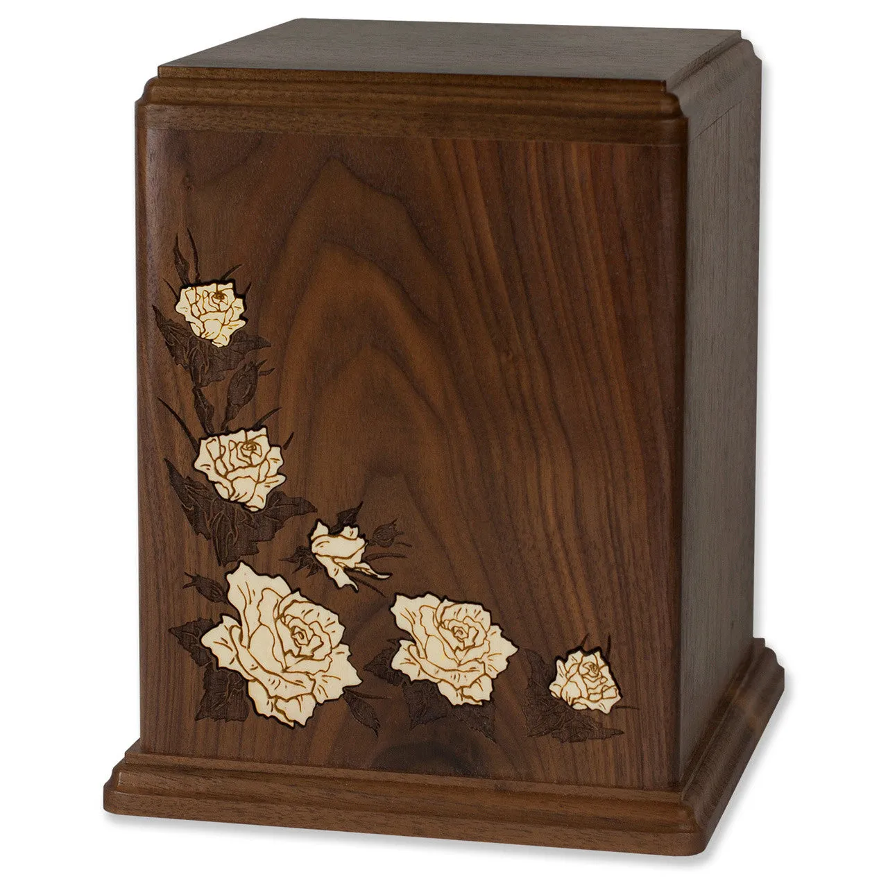 Walnut Wood Cremation Urn with Flower Inlay - Multiple Colors